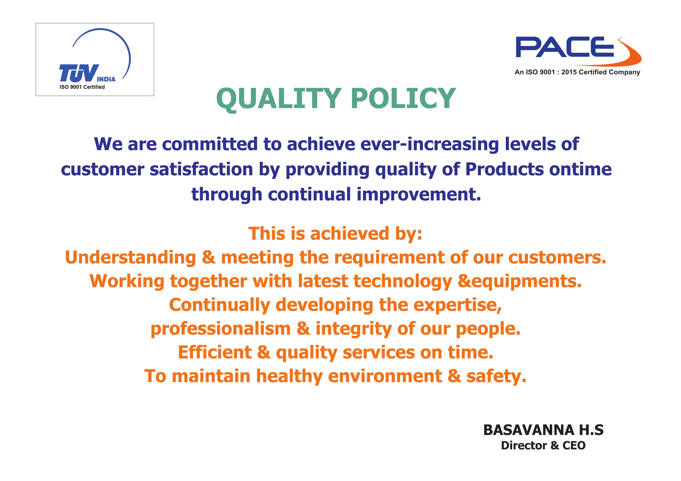Pace Switchgears-Quality Policy